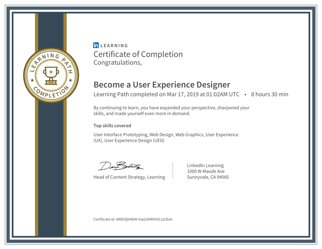 UX Courses Completed via LinkedIn Learning