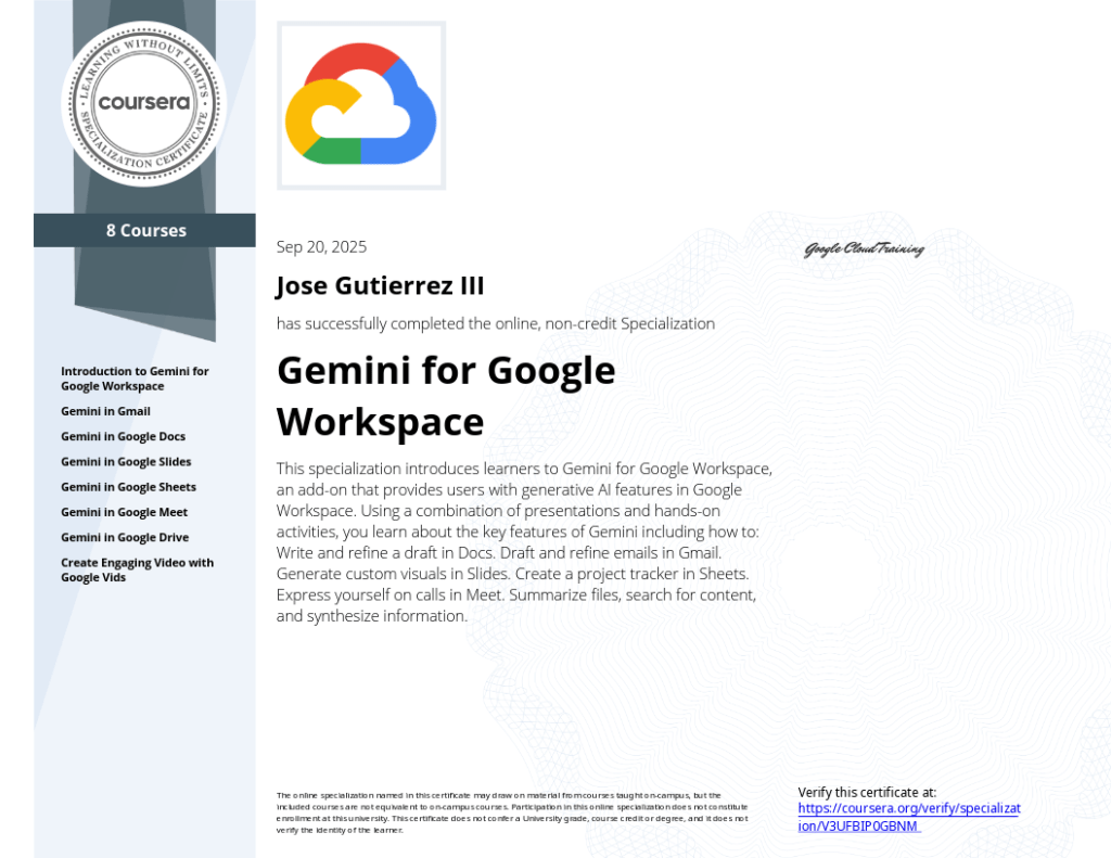 Certificate of completion for Gemini for Google Workspace Specialization from Google Cloud, issued via Coursera to Jose Gutierrez III on September 20, 2025. The certificate lists eight courses: Introduction to Gemini for Google Workspace, Gemini in Gmail, Gemini in Google Docs, Gemini in Google Slides, Gemini in Google Sheets, Gemini in Google Meet, Gemini in Google Drive, and Create Engaging Video with Google Vids.
