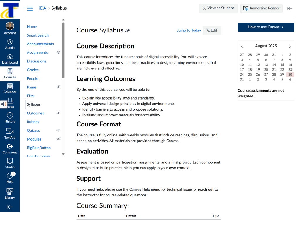 Canvas course syllabus for “Intro to Digital Accessibility (iDA)” showing course description, learning outcomes, format, evaluation, and support information.