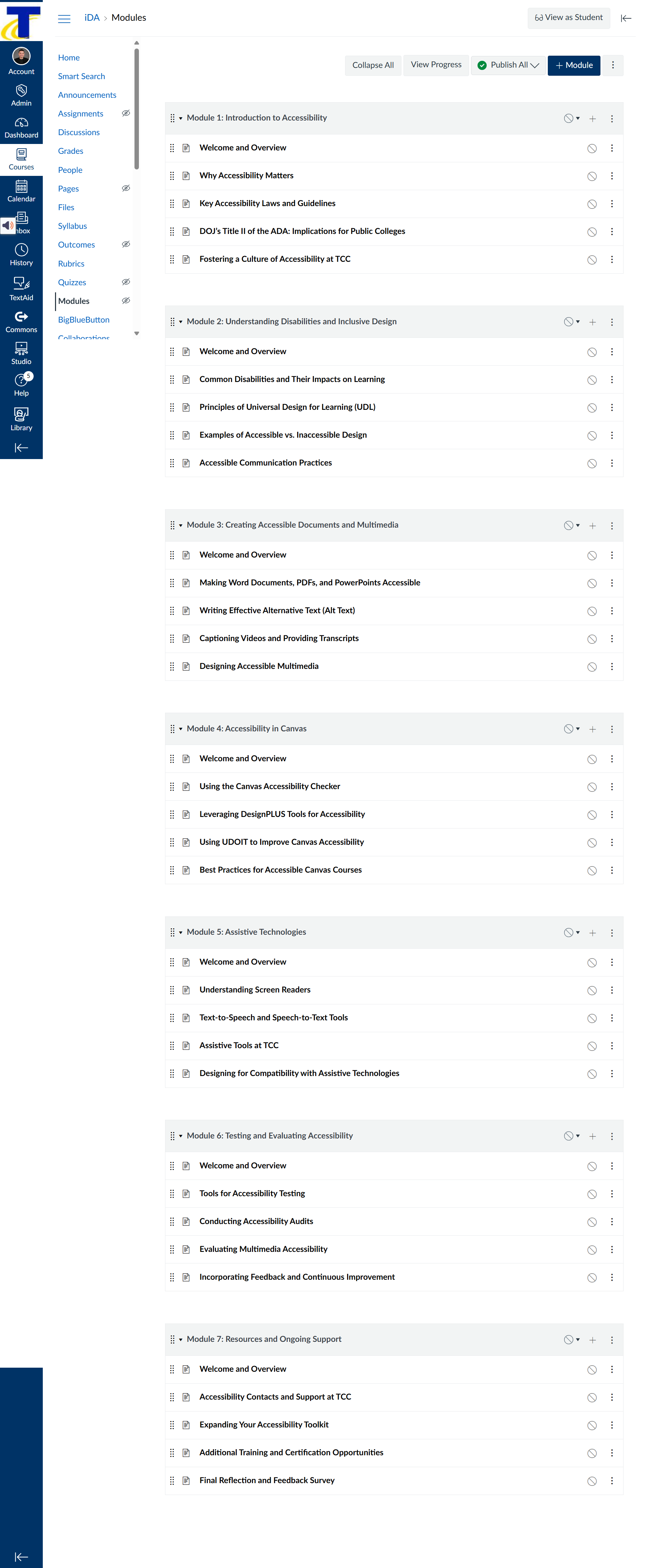 Canvas modules for the iDA course. Seven modules listed: Introduction to Accessibility; Understanding Disabilities and Inclusive Design; Creating Accessible Documents and Multimedia; Accessibility in Canvas; Assistive Technologies; Testing and Evaluating Accessibility; and Resources and Ongoing Support. Each includes subtopics such as laws, universal design, alt text, accessibility checkers, screen readers, and accessibility audits.