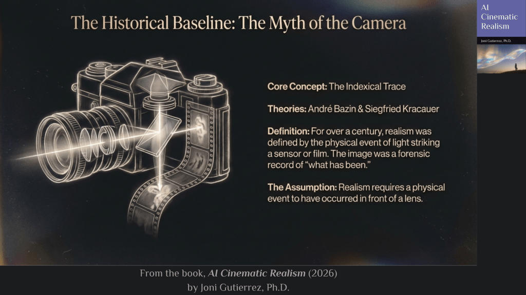 A widescreen slide with a dark, cinematic gradient background blending deep navy, black, and warm amber tones. At the top center, large serif text reads: “The Historical Baseline: The Myth of the Camera.”
On the left side, a glowing, schematic-style illustration of a vintage film camera appears in luminous gold line art. The lens is shown in cross-section, with light rays entering from the left and passing through multiple internal lens elements. A prism or mirror redirects the beam toward film inside the camera body. A strip of film extends out of the camera and curls downward, with faint photographic frames visible along the strip, suggesting captured images. The overall effect emphasizes mechanical precision and the physical path of light.
On the right side, aligned text in light serif font presents key concepts:
Core Concept: The Indexical Trace
Theories: André Bazin & Siegfried Kracauer
Definition: For over a century, realism was defined by the physical event of light striking a sensor or film. The image was a forensic record of “what has been.”
The Assumption: Realism requires a physical event to have occurred in front of a lens.
At the bottom center of the slide, smaller text reads: “From the book, AI Cinematic Realism (2026) by Joni Gutierrez, Ph.D.”
On the far right edge, a vertical book cover mock-up appears. It displays the title “AI Cinematic Realism,” the author name “Joni Gutierrez, Ph.D.,” and a small atmospheric landscape image near the bottom, reinforcing the book’s branding within the slide design.