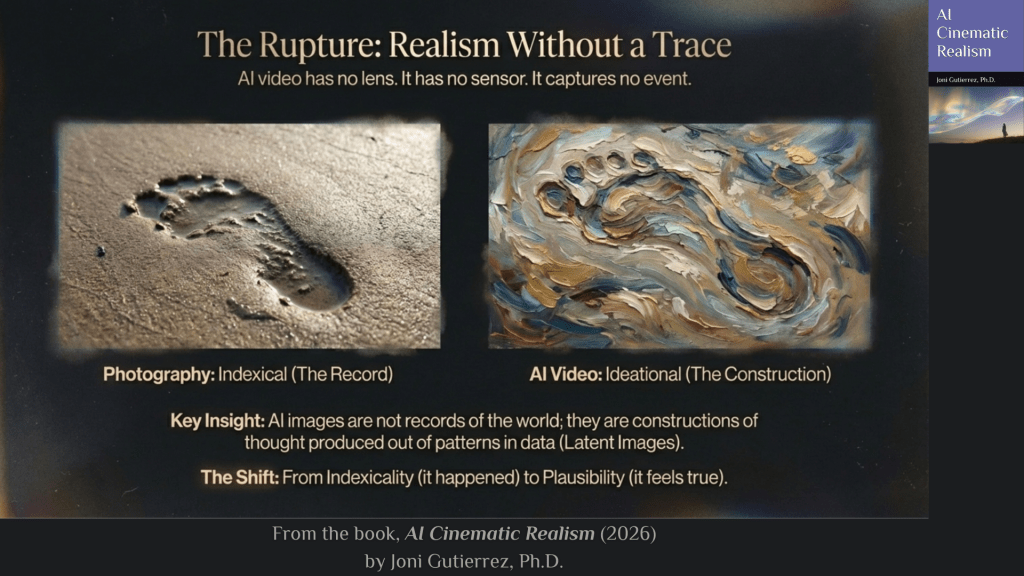 A widescreen slide with a dark, cinematic gradient background blending deep blue, black, and warm amber highlights. At the top center, large serif text reads: “The Rupture: Realism Without a Trace.” A subtitle beneath it states: “AI video has no lens. It has no sensor. It captures no event.”
The slide is split into two image panels placed side by side.
On the left, a close-up photograph shows a single human footprint pressed into wet sand. The indent is sharply defined, with textured grains and small ridges visible along the edges of the heel and toes. The lighting casts subtle shadows inside the impression, emphasizing it as a physical trace left behind by a real step. Below the image, text reads: “Photography: Indexical (The Record).”
On the right, a textured, painterly image depicts a swirling footprint formed out of thick, expressive brushstrokes. The footprint shape is suggested rather than physically stamped, composed of layered strokes in blues, creams, browns, and muted golds. The image resembles an abstract oil painting, emphasizing construction and interpretation rather than physical contact. Below it, text reads: “AI Video: Ideational (The Construction).”
Centered beneath the two images are two explanatory statements:
“Key Insight: AI images are not records of the world; they are constructions of thought produced out of patterns in data (Latent Images).”
“The Shift: From Indexicality (it happened) to Plausibility (it feels true).”
At the bottom center of the slide, smaller text reads: “From the book, AI Cinematic Realism (2026) by Joni Gutierrez, Ph.D.”
On the far right edge, a vertical book cover graphic appears, displaying the title “AI Cinematic Realism,” the author name “Joni Gutierrez, Ph.D.,” and a small atmospheric landscape image, maintaining visual consistency with the previous slides.