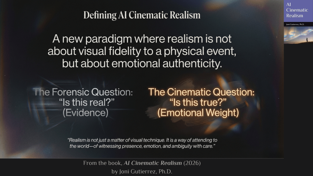 A widescreen slide with a dark, cinematic background blending deep blues, blacks, and warm prismatic light flares. At the top center, large serif text reads: “Defining AI Cinematic Realism.”
Centered beneath the title, large white text states: “A new paradigm where realism is not about visual fidelity to a physical event, but about emotional authenticity.”
The slide presents two contrasting questions positioned left and right:
On the left side, in cooler white text, it reads:
“The Forensic Question:
‘Is this real?’
(Evidence)”
On the right side, in warm golden text with a soft brushstroke-like glow behind it, it reads:
“The Cinematic Question:
‘Is this true?’
(Emotional Weight)”
The color contrast visually distinguishes forensic evaluation from emotional or cinematic interpretation.
Near the bottom of the slide, a smaller italicized quotation reads:
“Realism is not just a matter of visual technique. It is a way of attending to the world—of witnessing presence, emotion, and ambiguity with care.”
At the bottom center, small text reads: “From the book, AI Cinematic Realism (2026) by Joni Gutierrez, Ph.D.”
On the far right edge, a vertical book cover mock-up appears, showing the title “AI Cinematic Realism,” the author name “Joni Gutierrez, Ph.D.,” and a small atmospheric landscape image, maintaining consistent branding across the slide series.