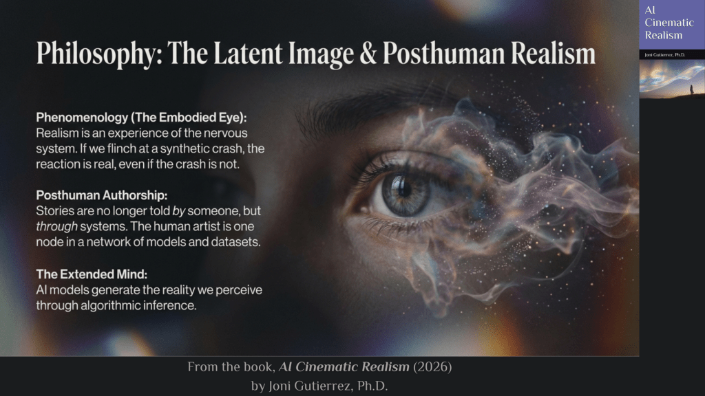 A widescreen slide with a dark, cinematic gradient background blending deep blues, blacks, and soft prismatic flares of amber and violet. At the top left, large serif text reads: “Philosophy: The Latent Image & Posthuman Realism.”
The slide is divided into text on the left and a large visual on the right.
On the left side, three philosophical concepts are presented in bold headings followed by explanatory text:
Phenomenology (The Embodied Eye):
Realism is an experience of the nervous system. If we flinch at a synthetic crash, the reaction is real, even if the crash is not.
Posthuman Authorship:
Stories are no longer told by someone, but through systems. The human artist is one node in a network of models and datasets.
The Extended Mind:
AI models generate the reality we perceive through algorithmic inference.
On the right side, a close-up image of a human eye dominates the slide. The eye appears blue-green with detailed iris patterns and a reflective sheen on the cornea. Across and around the eye, luminous, smoke-like digital wisps flow outward in soft pink, gold, and pale blue tones, interspersed with tiny glowing particles that resemble stardust. The visual suggests perception blending with computation, as if thought, data, or latent images are emerging from the act of seeing.
At the bottom center of the slide, smaller text reads: “From the book, AI Cinematic Realism (2026) by Joni Gutierrez, Ph.D.”
On the far right edge, a vertical book cover mock-up is visible, displaying the title “AI Cinematic Realism,” the author name “Joni Gutierrez, Ph.D.,” and a small atmospheric landscape image, maintaining consistent branding across the presentation series.