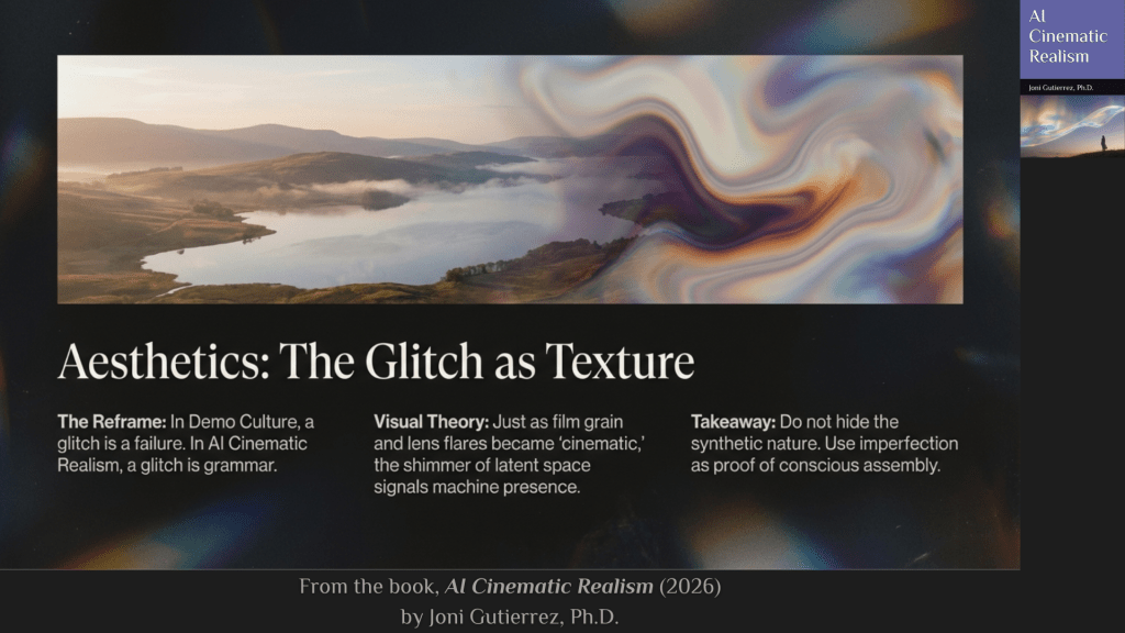A widescreen slide with a dark, cinematic gradient background accented by subtle rainbow-like light leaks and prismatic flares. Across the top half is a long horizontal image panel split visually down the middle.
On the left side of the panel, a natural landscape shows a calm lake winding through rolling hills at sunrise or sunset. Soft golden light illuminates grassy slopes, distant mountains fade into atmospheric haze, and low clouds hover above the water, creating a serene, photorealistic scene.
On the right side of the same panel, the landscape dissolves into a swirling, iridescent distortion. The image becomes fluid and abstract, with rippling bands of pearlescent color—lavender, amber, teal, and cream—folding over one another like liquid glass or oil on water. The visual suggests a digital glitch or latent-space shimmer transforming the realistic image into something synthetic and painterly.
Below the image panel, large serif text reads: “Aesthetics: The Glitch as Texture.”
Three short conceptual sections are arranged across the lower half of the slide:
The Reframe: In Demo Culture, a glitch is a failure. In AI Cinematic Realism, a glitch is grammar.
Visual Theory: Just as film grain and lens flares became “cinematic,” the shimmer of latent space signals machine presence.
Takeaway: Do not hide the synthetic nature. Use imperfection as proof of conscious assembly.
At the bottom center of the slide, smaller text reads: “From the book, AI Cinematic Realism (2026) by Joni Gutierrez, Ph.D.”
On the far right edge, a vertical book cover mock-up appears, featuring the title “AI Cinematic Realism,” the author name “Joni Gutierrez, Ph.D.,” and a small atmospheric landscape image, maintaining consistent branding across the slide series.