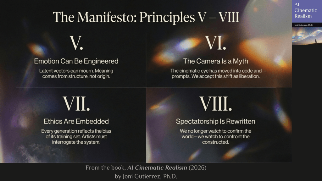 A widescreen slide with a dark, cinematic gradient background featuring deep navy and black tones accented by soft rainbow light flares and prismatic glows. The layout is divided into four quadrants by thin horizontal and vertical lines.
At the top center, large serif text reads: “The Manifesto: Principles V–VIII.”
Top left quadrant:
A large Roman numeral “V.” appears above the heading “Emotion Can Be Engineered.” Beneath it, smaller text reads: “Latent vectors can mourn. Meaning comes from structure, not origin.” The language reframes emotion as something that can emerge from computational structure.
Top right quadrant:
A large Roman numeral “VI.” appears above the heading “The Camera Is a Myth.” The supporting text reads: “The cinematic eye has moved into code and prompts. We accept this shift as liberation.” This section asserts a conceptual shift away from the traditional camera.
Bottom left quadrant:
A large Roman numeral “VII.” appears above the heading “Ethics Are Embedded.” The smaller text reads: “Every generation reflects the bias of its training set. Artists must interrogate the system.” This statement emphasizes responsibility and critical awareness.
Bottom right quadrant:
A large Roman numeral “VIII.” appears above the heading “Spectatorship Is Rewritten.” The supporting text reads: “We no longer watch to confirm the world—we watch to confront the constructed.” The idea reframes viewing as an encounter with constructed reality.
At the bottom center of the slide, smaller text reads: “From the book, AI Cinematic Realism (2026) by Joni Gutierrez, Ph.D.”
On the far right edge, a vertical book cover mock-up is visible, displaying the title “AI Cinematic Realism,” the author name “Joni Gutierrez, Ph.D.,” and a small atmospheric landscape image, maintaining consistent branding across the entire slide series.