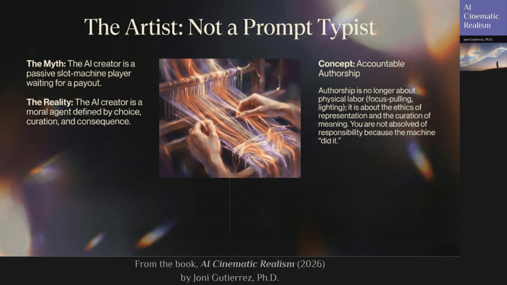 A widescreen slide with a dark, cinematic gradient background in deep blues and blacks, accented by soft rainbow flares and prismatic highlights.
At the top center, large serif text reads: “The Artist: Not a Prompt Typist.”
The slide is organized into three sections: text on the left, an image in the center, and text on the right.
Left side text:
The Myth: The AI creator is a passive slot-machine player waiting for a payout.
The Reality: The AI creator is a moral agent defined by choice, curation, and consequence.
These statements contrast a dismissive stereotype with a more intentional and accountable conception of creative authorship.
Center image:
A painterly, luminous illustration shows two human hands operating a loom. The hands guide glowing strands of thread that appear infused with light—warm oranges, purples, and golds—woven into a textile. The threads shimmer as if charged with energy, suggesting data or latent vectors being shaped into form. The scene visually equates AI creation with weaving: deliberate, tactile, and constructed through attentive manipulation rather than random output.
Right side text:
Concept: Accountable Authorship
Below it, explanatory text reads:
Authorship is no longer about physical labor (focus-pulling, lighting); it is about the ethics of representation and the curation of meaning. You are not absolved of responsibility because the machine “did it.”
At the bottom center, smaller text reads: “From the book, AI Cinematic Realism (2026) by Joni Gutierrez, Ph.D.”
On the far right edge, a vertical book cover mock-up appears, showing the title “AI Cinematic Realism,” the author’s name, and a small atmospheric landscape image, maintaining consistent branding across the entire slide series.