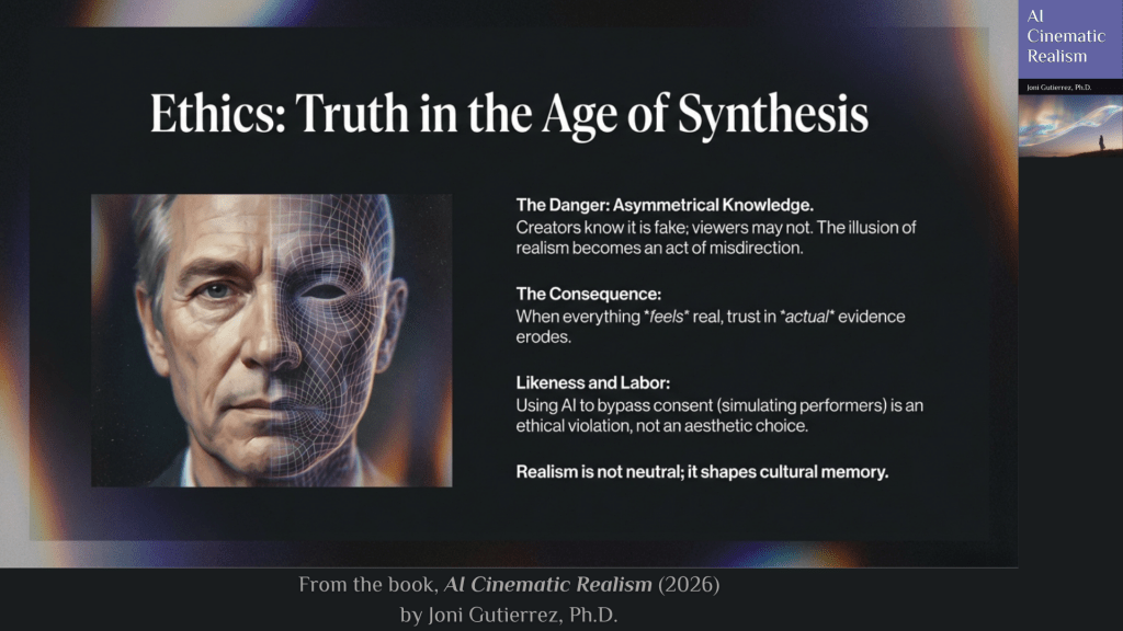 A widescreen slide with a dark, cinematic gradient background in deep blues and blacks, accented by soft rainbow light flares along the edges.
At the top center, large serif text reads: “Ethics: Truth in the Age of Synthesis.”
The layout is divided into two main sections: an image on the left and text on the right.
Left side image:
A close-up portrait of a middle-aged man’s face is split vertically down the center. The left half appears realistic and photographic, showing natural skin texture, wrinkles, and subtle lighting. The right half transitions into a digital rendering: the skin becomes smooth and stylized, overlaid with a fine wireframe mesh grid mapping the contours of the face. The eye on the rendered side appears darker and hollowed, emphasizing artificiality. The split visually contrasts human presence with computational construction.
Right side text:
The Danger: Asymmetrical Knowledge.
Creators know it is fake; viewers may not. The illusion of realism becomes an act of misdirection.
The Consequence:
When everything “feels” real, trust in “actual” evidence erodes.
Likeness and Labor:
Using AI to bypass consent (simulating performers) is an ethical violation, not an aesthetic choice.
At the bottom of the text block, a final statement reads:
“Realism is not neutral; it shapes cultural memory.”
At the bottom center of the slide, smaller text reads:
“From the book, AI Cinematic Realism (2026) by Joni Gutierrez, Ph.D.”
On the far right edge, a vertical book cover mock-up appears, displaying the title “AI Cinematic Realism,” the author’s name, and a small atmospheric landscape image, maintaining consistent branding across the full presentation series.