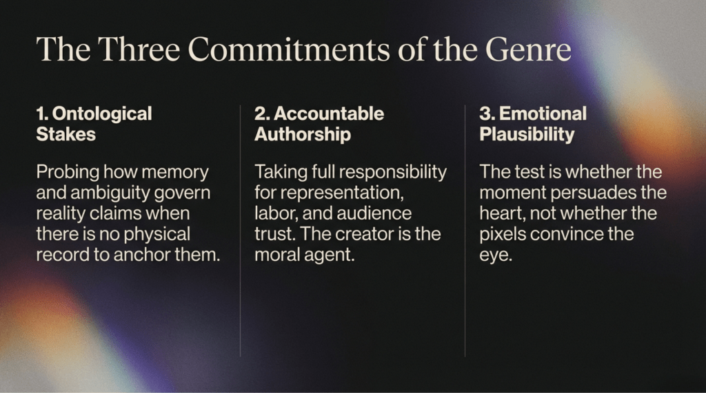 A 16x9 slide titled "The Three Commitments of the Genre." Three vertical columns list: 1. Ontological Stakes (probing memory), 2. Accountable Authorship (moral agency), and 3. Emotional Plausibility (persuading the heart).