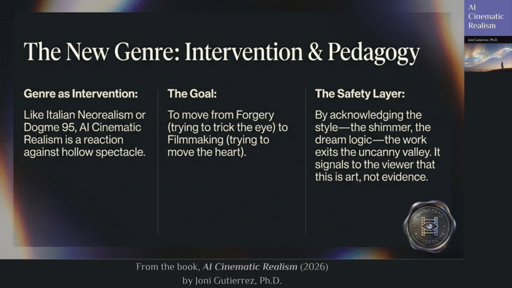 A widescreen slide with a dark, cinematic gradient background blending deep navy and black with soft prismatic light flares in warm gold and violet tones along the edges.
At the top center, large serif text reads: “The New Genre: Intervention & Pedagogy.”
The slide is organized into three vertical columns separated by thin dividing lines.
Left column:
Heading: “Genre as Intervention:”
Text:
“Like Italian Neorealism or Dogme 95, AI Cinematic Realism is a reaction against hollow spectacle.”
This positions the genre historically as a corrective movement resisting surface-level visual excess.
Middle column:
Heading: “The Goal:”
Text:
“To move from Forgery (trying to trick the eye) to Filmmaking (trying to move the heart).”
This reframes the intention of AI-driven imagery from deception toward emotional and artistic engagement.
Right column:
Heading: “The Safety Layer:”
Text:
“By acknowledging the style—the shimmer, the dream logic—the work exits the uncanny valley. It signals to the viewer that this is art, not evidence.”
This emphasizes transparency of construction as an ethical and aesthetic safeguard.
In the bottom right corner of the slide, a small circular seal or emblem appears, resembling a wax stamp. It contains a stylized eye inside a rectangular frame and the words “MANIFESTO AUTHENTICITY,” suggesting a conceptual mark of artistic intent.
At the bottom center of the slide, smaller text reads:
“From the book, AI Cinematic Realism (2026) by Joni Gutierrez, Ph.D.”
On the far right edge, a vertical book cover mock-up is visible, displaying the title “AI Cinematic Realism,” the author’s name, and a small atmospheric landscape image, maintaining consistent branding across the entire presentation series.