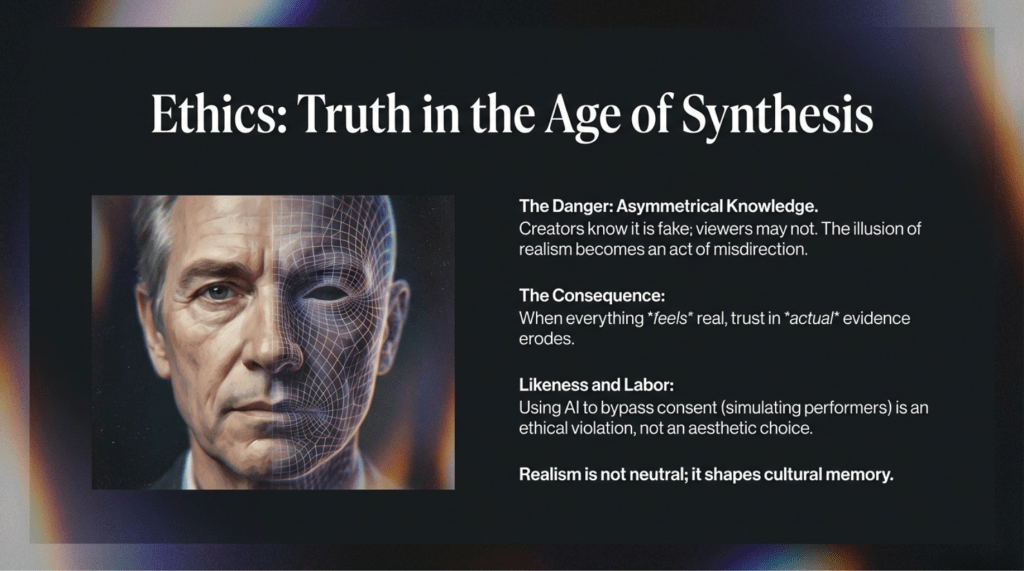 A 16x9 slide titled "Ethics: Truth in the Age of Synthesis." An image shows a man's face split down the middle—one half realistic, the other half a digital wireframe. Text discusses "Asymmetrical Knowledge," the erosion of trust in evidence, and the ethical violation of simulating performers without consent.