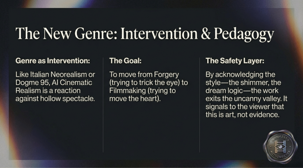 A 16x9 slide titled "The New Genre: Intervention & Pedagogy." Text identifies the genre as an intervention against "hollow spectacle," similar to Dogme 95. A "Manifesto of Authenticity" wax seal icon is in the bottom right corner.