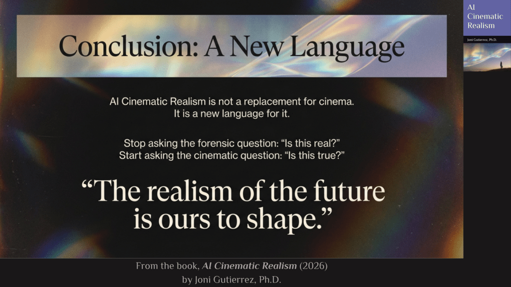 A widescreen slide with a dark, cinematic gradient background featuring deep blues and blacks with soft rainbow and prism-like light flares across the edges. At the top, a wide horizontal band with iridescent, shimmering color overlays the background.
Centered within that band, large serif text reads: “Conclusion: A New Language.”
Below the header, centered white text states:
“AI Cinematic Realism is not a replacement for cinema.
It is a new language for it.”
Further down, a call to action reads:
“Stop asking the forensic question: ‘Is this real?’
Start asking the cinematic question: ‘Is this true?’”
Near the bottom center, a large, prominent quotation appears in oversized serif text:
“The realism of the future is ours to shape.”
At the bottom center of the slide, smaller text reads:
“From the book, AI Cinematic Realism (2026) by Joni Gutierrez, Ph.D.”
On the far right edge, a vertical book cover mock-up remains visible, showing the title “AI Cinematic Realism,” the author’s name, and a small atmospheric landscape image, maintaining consistent branding with the rest of the presentation series.