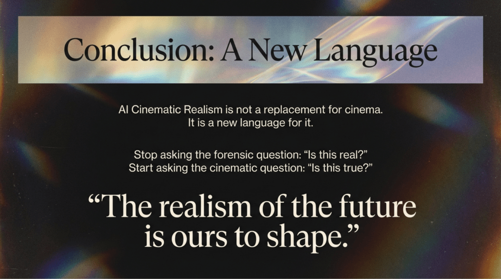 A high-contrast 16:9 cinematic slide titled "Conclusion: A New Language." The background is a dark, atmospheric field with ethereal prismatic light leaks and shimmering dust. Central text reads: "AI Cinematic Realism is not a replacement for cinema. It is a new language for it." Below this, it poses the core philosophical shift: "Stop asking the forensic question: ‘Is this real?’ Start asking the cinematic question: ‘Is this true?’" The slide concludes with a large, emphasized quote: "The realism of the future is ours to shape."