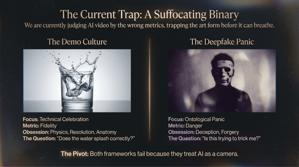 A 16x9 infographic titled "The Current Trap: A Suffocating Binary." The slide compares "The Demo Culture," illustrated by a high-resolution splash of water in a glass focusing on fidelity, against "The Deepfake Panic," illustrated by a glitched, distorted human face focusing on danger. A central vertical line separates them, with a footer stating: "The Pivot: Both frameworks fail because they treat AI as a camera."