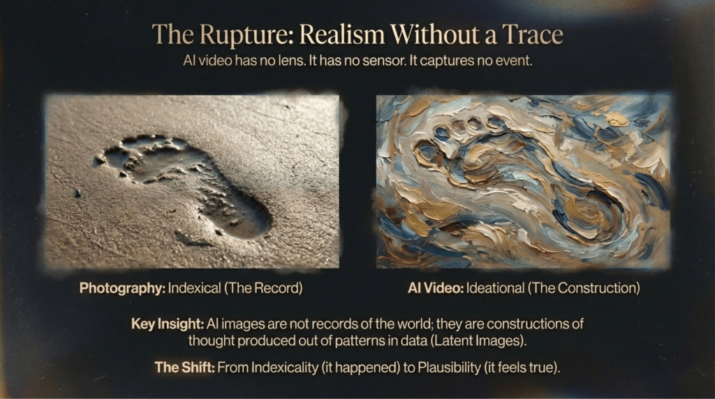A 16x9 slide titled "The Rupture: Realism Without a Trace." It shows two side-by-side images of a footprint: on the left, a photographic "Indexical" record in sand; on the right, an "Ideational" painterly construction of a footprint. The text explains that AI images are constructions of thought produced from patterns in data (Latent Images).
