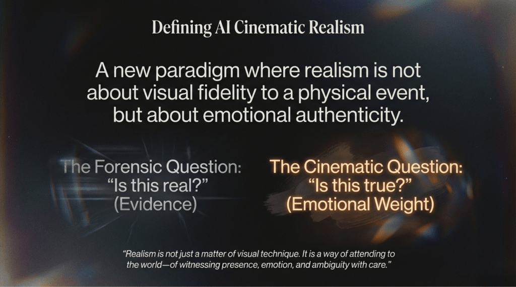 A 16x9 slide titled "Defining AI Cinematic Realism." The central text describes a new paradigm focusing on emotional authenticity over fidelity. Below, it contrasts "The Forensic Question: Is this real? (Evidence)" in grey against "The Cinematic Question: Is this true? (Emotional Weight)" in glowing orange.