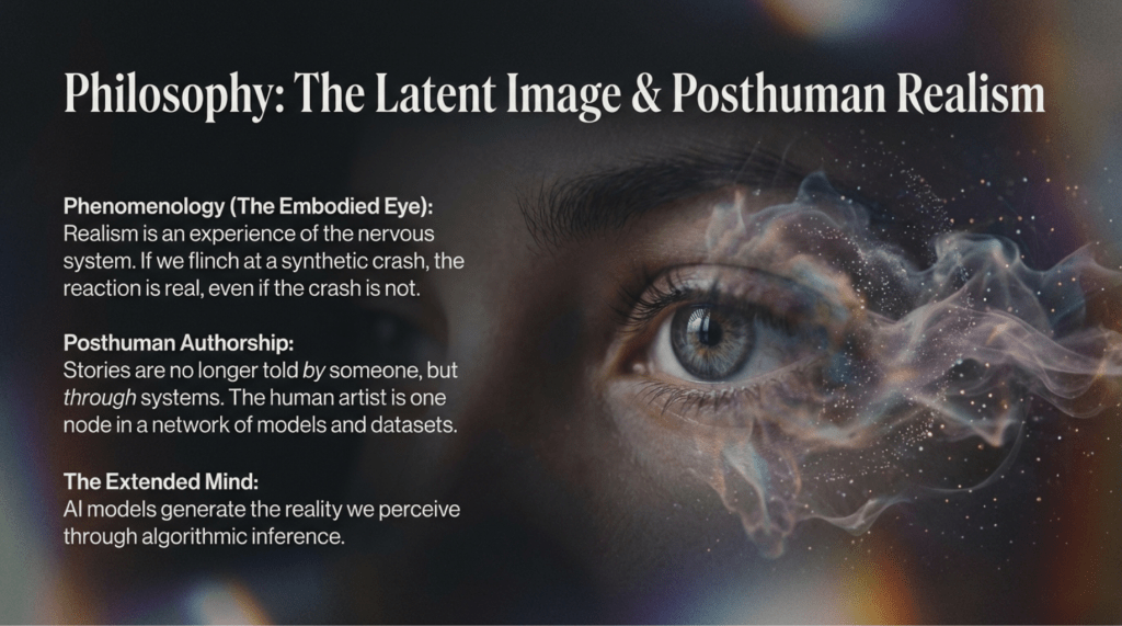 A 16x9 slide titled "Philosophy: The Latent Image & Posthuman Realism." The background is a close-up of a human eye with colorful, ethereal smoke or "latent noise" emerging from it. Text defines "Phenomenology (The Embodied Eye)," "Posthuman Authorship," and "The Extended Mind," explaining that realism is an experience of the nervous system.