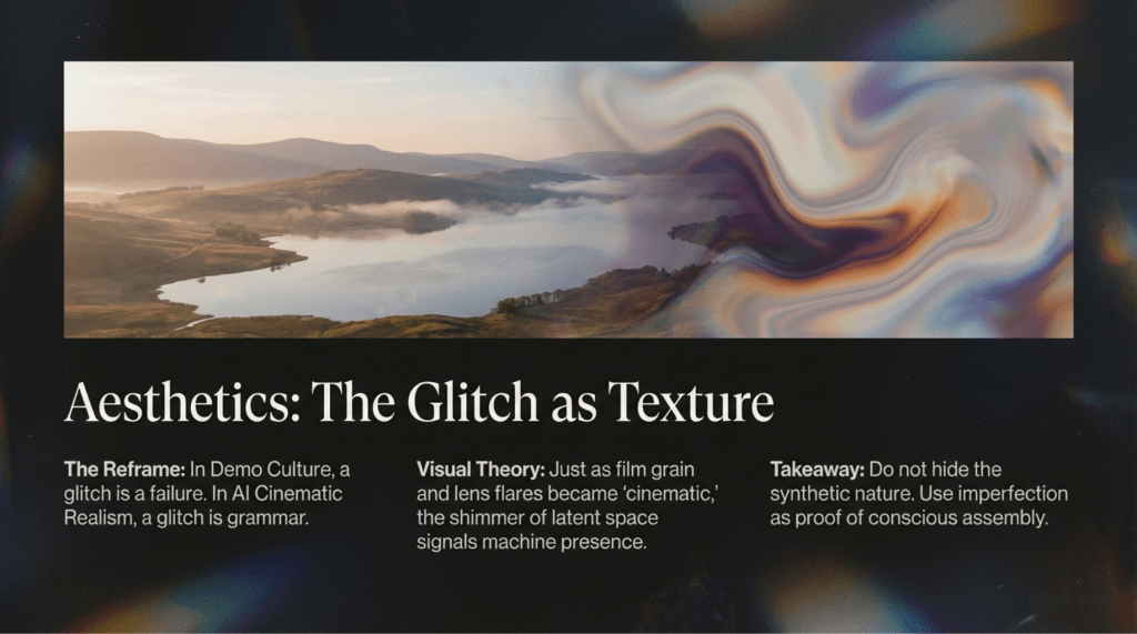 A 16x9 slide titled "Aesthetics: The Glitch as Texture." A wide landscape image of a lake is partially obscured by a colorful, swirling "shimmer" of digital artifacts. The text explains that in this genre, a glitch is not a failure but "grammar," similar to how film grain became cinematic.