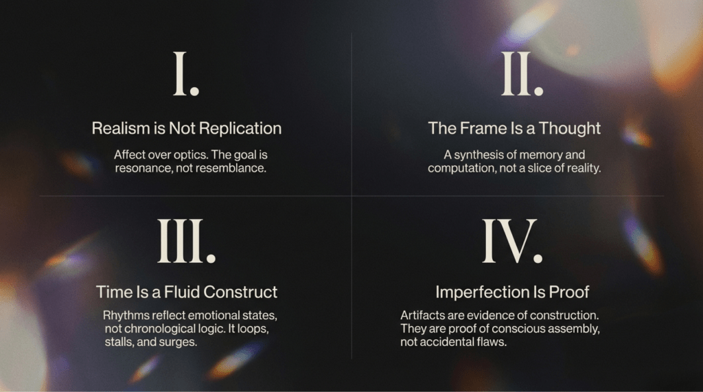 A 16x9 slide divided into four quadrants labeled with Roman numerals I through IV. Each quadrant lists a principle: I. Realism is Not Replication; II. The Frame Is a Thought; III. Time Is a Fluid Construct; IV. Imperfection Is Proof of Conscious Assembly. Descriptions emphasize resonance, memory, and conscious assembly.