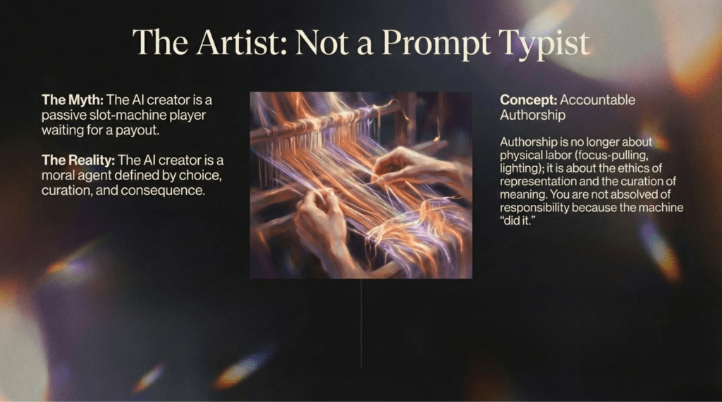 Slide titled “The Artist: Not a Prompt Typist.” On the left, text reads: “The Myth: The AI creator is a passive slot-machine player waiting for a payout. The Reality: The AI creator is a moral agent defined by choice, curation, and consequence.” In the center is a painterly image of hands weaving glowing, multicolored strands of light on a loom, symbolizing creative authorship. On the right, text reads: “Concept: Accountable Authorship. Authorship is no longer about physical labor (focus-pulling, lighting); it is about the ethics of representation and the curation of meaning. You are not absolved of responsibility because the machine ‘did it.’” The background is dark with soft, prismatic light flares.