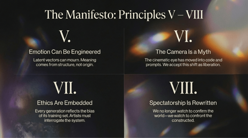 A 16x9 slide divided into four quadrants labeled with Roman numerals V through VIII. Each quadrant lists a principle: V. Emotion Can Be Engineered; VI. The Camera Is a Myth; VII. Ethics Are Embedded; VIII. Spectatorship Is Rewritten. Descriptions focus on engineered meaning, code, and system interrogation.