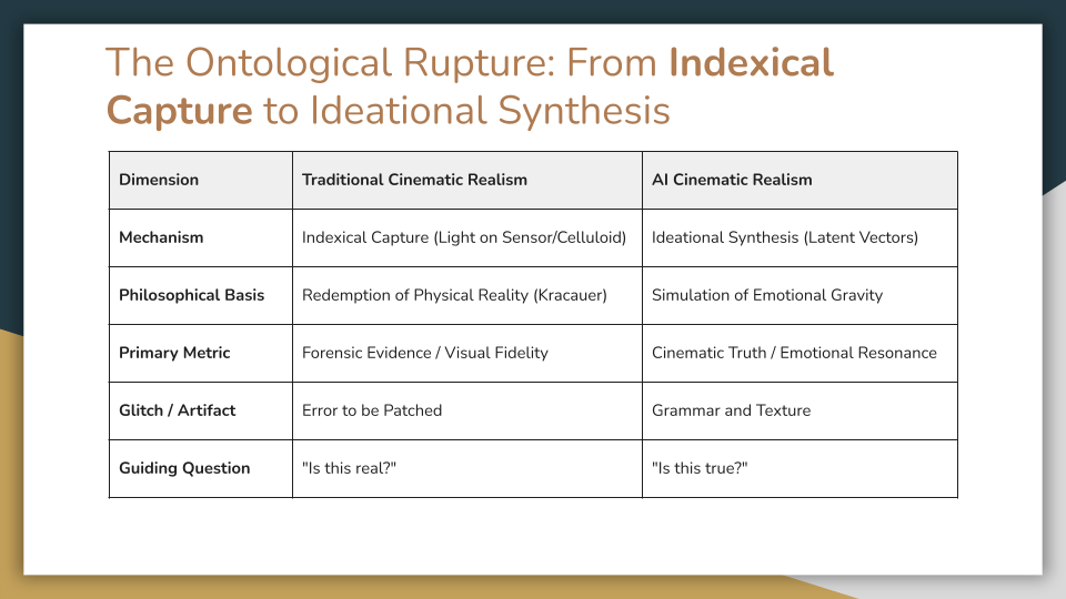 Slide titled “The Ontological Rupture: From Indexical Capture to Ideational Synthesis.” Comparison table contrasting traditional cinematic realism with AI cinematic realism. The mechanism shifts from indexical capture to ideational synthesis; the philosophical basis shifts from redemption of physical reality to simulation of emotional gravity; the primary metric shifts from forensic evidence and visual fidelity to cinematic truth and emotional resonance; glitches shift from errors to grammar and texture; and the guiding question shifts from “Is this real?” to “Is this true?”
