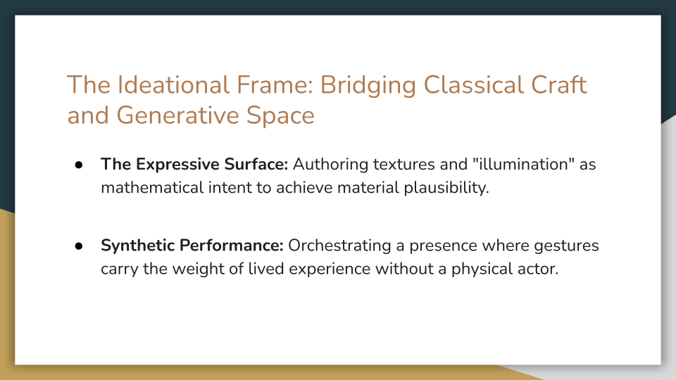 Slide titled “The Ideational Frame: Bridging Classical Craft and Generative Space.” Two bullet points explain that expressive surface means authoring texture and illumination as mathematical intent to achieve material plausibility, and that synthetic performance means orchestrating presence so gestures carry the weight of lived experience without a physical actor.