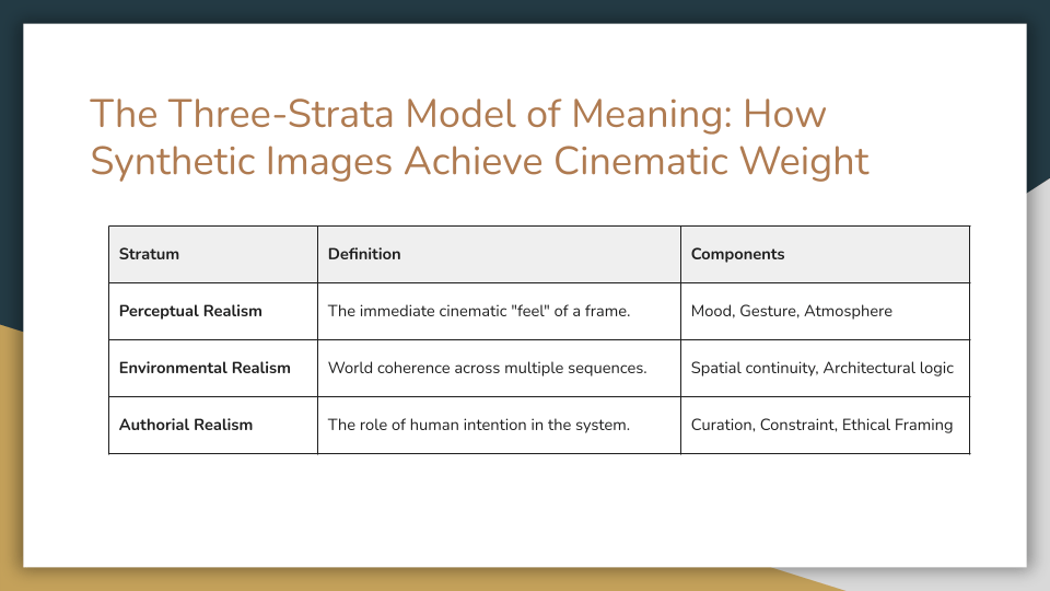 Slide titled “The Three-Strata Model of Meaning: How Synthetic Images Achieve Cinematic Weight.” Table with three columns: Stratum, Definition, and Components. Perceptual realism is the immediate cinematic feel of a frame, supported by mood, gesture, and atmosphere. Environmental realism is world coherence across multiple sequences, supported by spatial continuity and architectural logic. Authorial realism is the role of human intention in the system, supported by curation, constraint, and ethical framing.