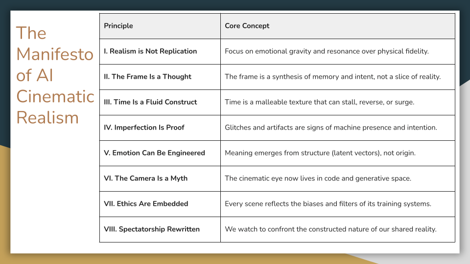 Slide titled “The Manifesto of AI Cinematic Realism.” Two-column table listing eight principles and their core concepts: realism is not replication; the frame is a thought; time is fluid; imperfection is proof; emotion can be engineered; the camera is a myth; ethics are embedded; and spectatorship is rewritten. The concepts emphasize emotional gravity over physical fidelity, the frame as synthesis rather than capture, time as malleable texture, glitches as signs of machine presence, meaning emerging from structure, cinematic vision living in code, ethics shaped by training systems, and spectatorship confronting constructed reality.