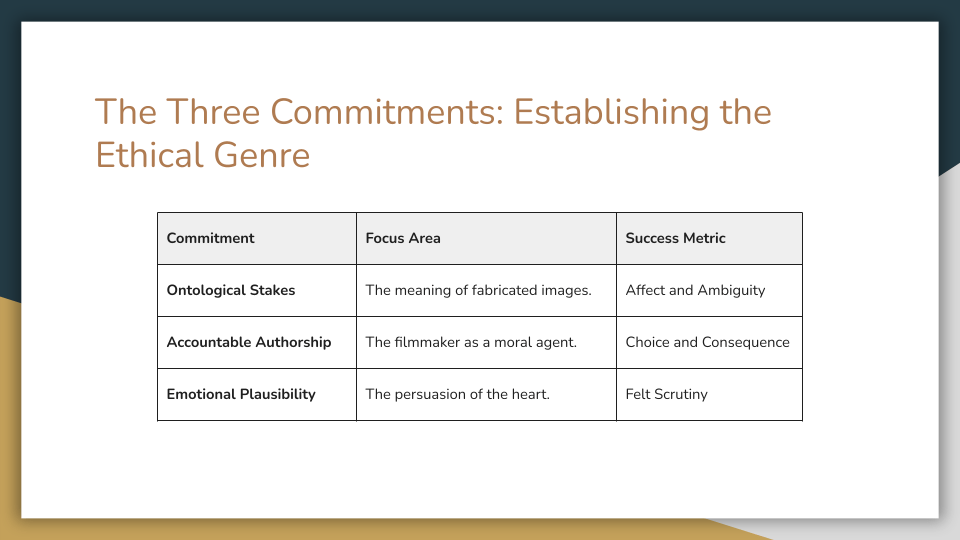 Slide titled “The Three Commitments: Establishing the Ethical Genre.” Table with three columns: Commitment, Focus Area, and Success Metric. Ontological stakes concerns the meaning of fabricated images, measured by affect and ambiguity. Accountable authorship concerns the filmmaker as moral agent, measured by choice and consequence. Emotional plausibility concerns persuasion of the heart, measured by felt scrutiny.