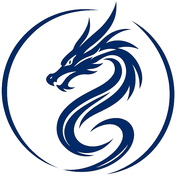 Stylized dark blue dragon icon inside a thin circular frame, shown on a deep blue background with subtle shading.