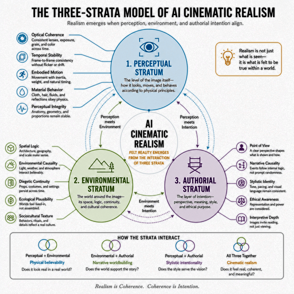 A clean, high‑contrast diagram on a white background illustrating the three strata of AI Cinematic Realism. Three large overlapping circles form a triangular arrangement. The top circle, tinted light cyan, is labeled “Perceptual Stratum” and contains the concepts optical coherence, temporal stability, embodied motion, material behavior, and perceptual integrity. The bottom-left circle, in olive green, is labeled “Environmental Stratum” and includes spatial logic, environmental causality, diegetic continuity, ecological plausibility, and sociocultural texture. The bottom-right circle, in muted mauve, is labeled “Authorial Stratum” and lists point of view, narrative causality, stylistic identity, ethical awareness, and interpretive depth. Where the circles overlap, the diagram shows how the strata combine: perceptual plus environmental produces physical believability; environmental plus authorial produces narrative worldbuilding; perceptual plus authorial produces stylistic intentionality; and the intersection of all three yields cinematic realism. At the top of the diagram, a gray caption reads, “Realism is not just what is seen—it is what is felt to be true within a world.” At the bottom, a subtle footer states, “Realism is coherence. Coherence is intention.” The overall design resembles a one‑page academic field guide, minimalistic and structured for teaching, with clear typography and soft color accents.