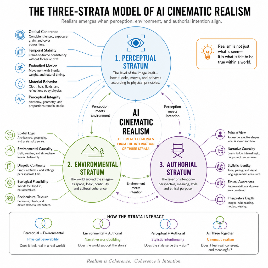 A clean, high‑contrast diagram on a white background illustrating the three strata of AI Cinematic Realism. Three large overlapping circles form a triangular arrangement. The top circle, tinted light cyan, is labeled “Perceptual Stratum” and contains the concepts optical coherence, temporal stability, embodied motion, material behavior, and perceptual integrity. The bottom-left circle, in olive green, is labeled “Environmental Stratum” and includes spatial logic, environmental causality, diegetic continuity, ecological plausibility, and sociocultural texture. The bottom-right circle, in muted mauve, is labeled “Authorial Stratum” and lists point of view, narrative causality, stylistic identity, ethical awareness, and interpretive depth. Where the circles overlap, the diagram shows how the strata combine: perceptual plus environmental produces physical believability; environmental plus authorial produces narrative worldbuilding; perceptual plus authorial produces stylistic intentionality; and the intersection of all three yields cinematic realism. At the top of the diagram, a gray caption reads, “Realism is not just what is seen—it is what is felt to be true within a world.” At the bottom, a subtle footer states, “Realism is coherence. Coherence is intention.” The overall design resembles a one‑page academic field guide, minimalistic and structured for teaching, with clear typography and soft color accents.