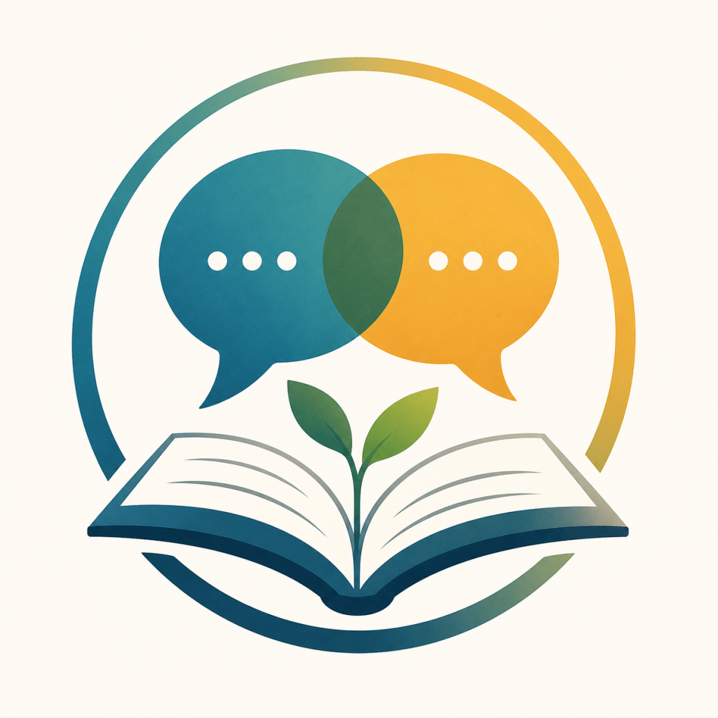 Circular icon showing an open book with a sprout growing from it and two overlapping speech bubbles above, representing reflective learning through dialogue.