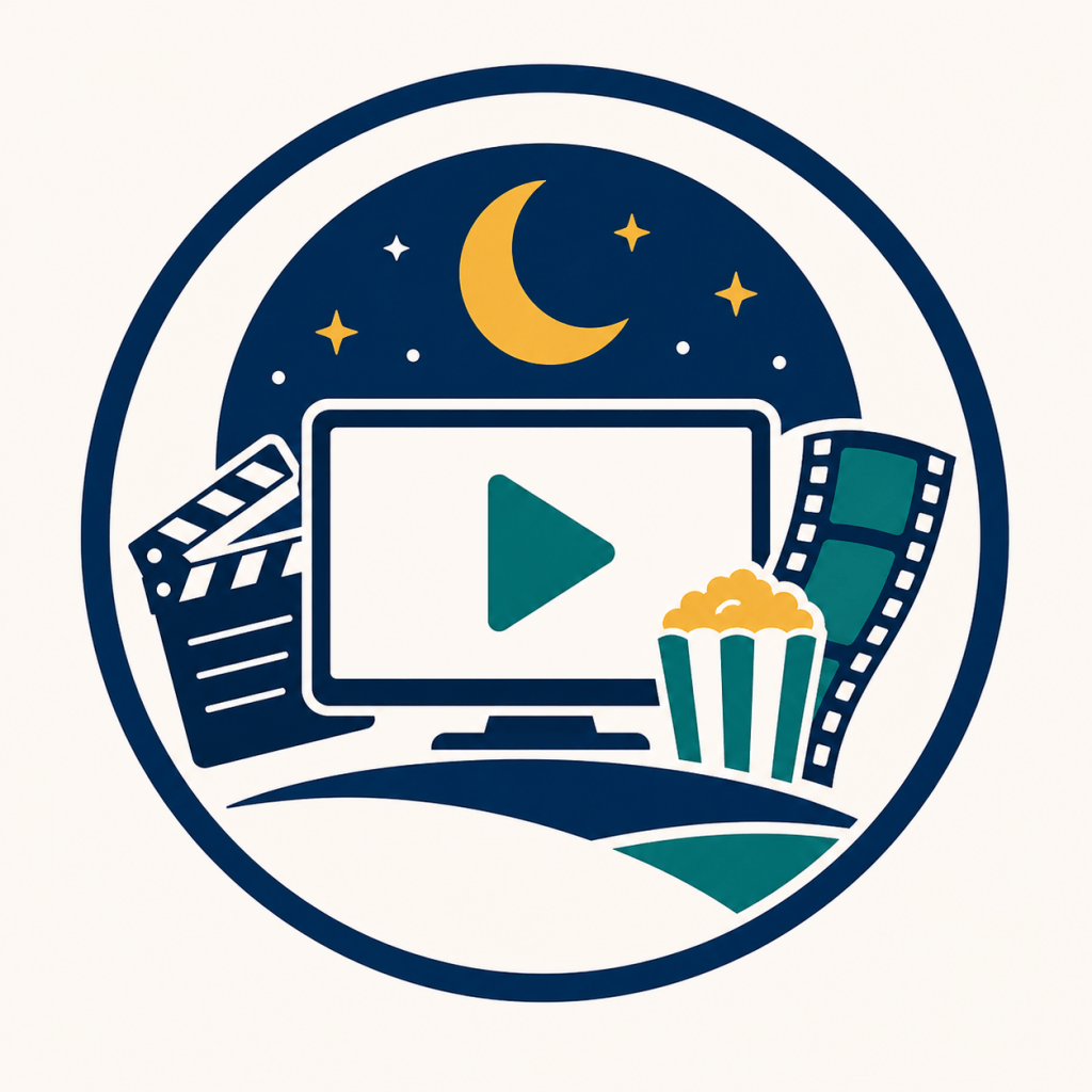 Circular icon showing a screen with a play button, surrounded by a clapperboard, film strip, popcorn, crescent moon, and stars.