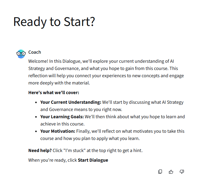 Screenshot of a Coursera course dialogue screen titled “Ready to Start?” showing AI Coach introducing a guided reflection on AI Strategy and Governance, including current understanding, learning goals, and motivation.