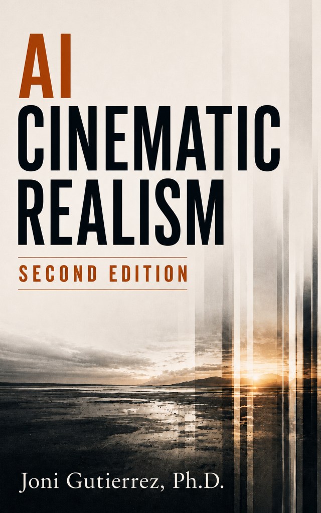 Book cover for AI Cinematic Realism, Second Edition by Joni Gutierrez, Ph.D. Against a pale cream background, "AI" appears in large burnt-orange capitals with "CINEMATIC REALISM" below in bold black capitals. A thin orange rule separates the title from "SECOND EDITION" in spaced orange capitals. The lower half is a muted, high-contrast photograph of a wet tidal flat at sunset, the low sun breaking through clouds over distant hills and reflecting across the shallow water. On the right side, the image dissolves into vertical streaks — a glitch-like smearing of the photograph into thin bands of light — evoking the seam between a captured world and a synthesized one. The author's name runs in white across the bottom.