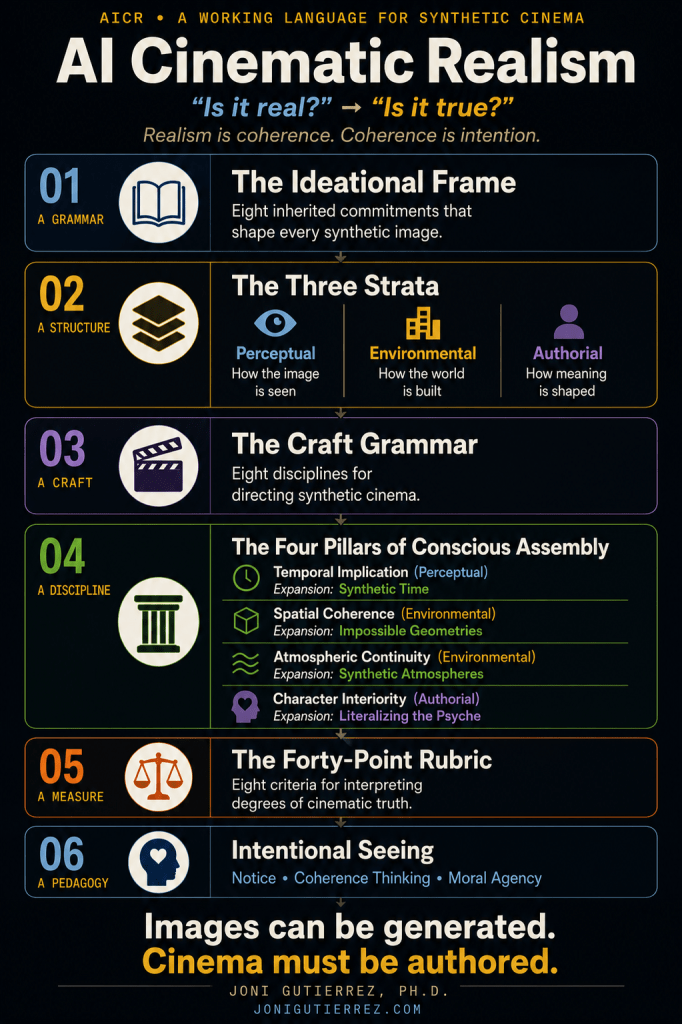 Vertical infographic titled "AI Cinematic Realism" with the subtitle "A Working Language for Synthetic Cinema." At the top, the graphic asks, "Is it real?" and reframes the question as "Is it true?" followed by the statement, "Realism is coherence. Coherence is intention."
The infographic presents the architecture of AI Cinematic Realism as a six-part framework connected in sequence.
1. The Ideational Frame: Eight inherited commitments that shape every synthetic image.
2. The Three Strata: Perceptual, describing how the image is seen; Environmental, describing how the world is built; and Authorial, describing how meaning is shaped.
3. The Craft Grammar: Eight disciplines for directing synthetic cinema.
4. The Four Pillars of Conscious Assembly: Temporal Implication (Perceptual), expanded through Synthetic Time; Spatial Coherence (Environmental), expanded through Impossible Geometries; Atmospheric Continuity (Environmental), expanded through Synthetic Atmospheres; and Character Interiority (Authorial), expanded through Literalizing the Psyche.
5. The Forty-Point Rubric: Eight criteria for interpreting degrees of cinematic truth.
6. Intentional Seeing: Notice, Coherence Thinking, and Moral Agency.
The infographic concludes with the statement: "Images can be generated. Cinema must be authored." Attribution below reads "Joni Gutierrez, Ph.D." with the website jonigutierrez.com.