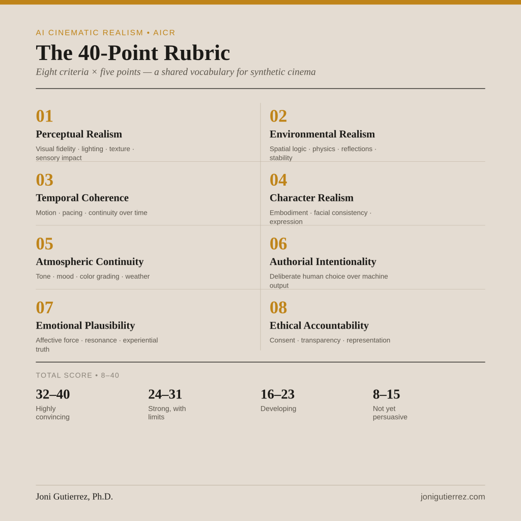 Square summary infographic on a beige background with a gold top bar. A gold eyebrow reads "AI Cinematic Realism · AICR." The large serif title reads "The 40-Point Rubric," with an italic subtitle: "Eight criteria × five points — a shared vocabulary for synthetic cinema." Below, a two-column grid lists all eight criteria, each with a gold number, a bold name, and a focus line: 01 Perceptual Realism (Visual fidelity · lighting · texture · sensory impact); 02 Environmental Realism (Spatial logic · physics · reflections · stability); 03 Temporal Coherence (Motion · pacing · continuity over time); 04 Character Realism (Embodiment · facial consistency · expression); 05 Atmospheric Continuity (Tone · mood · color grading · weather); 06 Authorial Intentionality (Deliberate human choice over machine output); 07 Emotional Plausibility (Affective force · resonance · experiential truth); 08 Ethical Accountability (Consent · transparency · representation). A bottom section labeled "Total Score · 8–40" presents four scoring tiers: 32–40 Highly convincing; 24–31 Strong, with limits; 16–23 Developing; 8–15 Not yet persuasive. Footer credits Joni Gutierrez, Ph.D. and jonigutierrez.com.