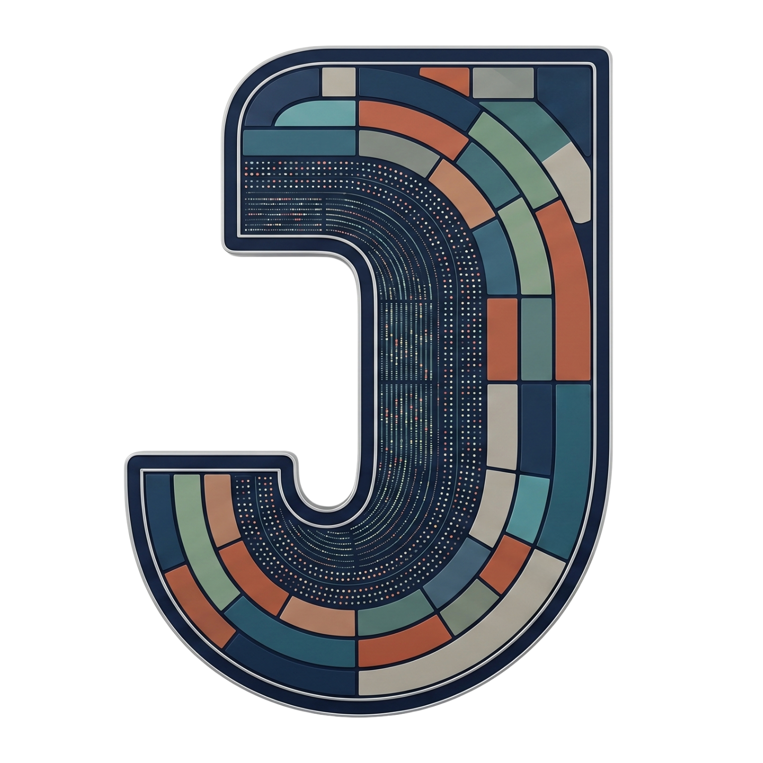 JoniGutierrez.com logo featuring a large stylized letter J made of layered curved bands, geometric panels, and dotted data-like patterns in deep navy, teal, cream, sage, and warm orange tones, suggesting creativity, technology, and human-centered AI.
