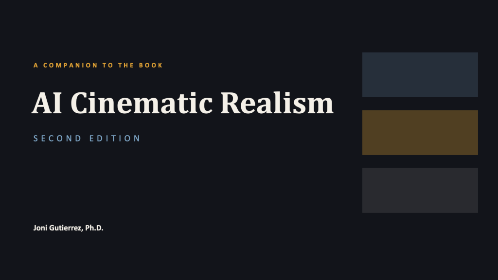 Title slide on a near-black background. Upper left, a small amber eyebrow in spaced capitals: "A COMPANION TO THE BOOK." Below it, the large cream serif title "AI Cinematic Realism," then in spaced light-blue capitals "SECOND EDITION." Lower left, in white, "Joni Gutierrez, Ph.D." On the right third, three stacked rectangular blocks in muted slate-blue, dark amber-brown, and charcoal — a decorative motif echoing the framework's three strata.