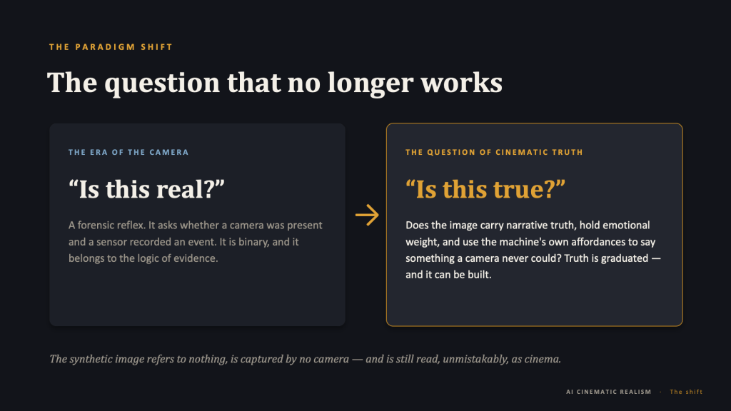 Content slide, dark background. Amber eyebrow: "THE PARADIGM SHIFT." Title in cream serif: "The question that no longer works." Below, two side-by-side panels divided by an amber right-pointing arrow. Left panel, blue label "THE ERA OF THE CAMERA," poses in large cream serif: "Is this real?" — described as: "A forensic reflex. It asks whether a camera was present and a sensor recorded an event. It is binary, and it belongs to the logic of evidence." Right panel, outlined in amber, label "THE QUESTION OF CINEMATIC TRUTH," poses in amber serif: "Is this true?" — described as: "Does the image carry narrative truth, hold emotional weight, and use the machine's own affordances to say something a camera never could? Truth is graduated — and it can be built." Full-width italic caption below both: "The synthetic image refers to nothing, is captured by no camera — and is still read, unmistakably, as cinema." Footer: "AI CINEMATIC REALISM · The shift."