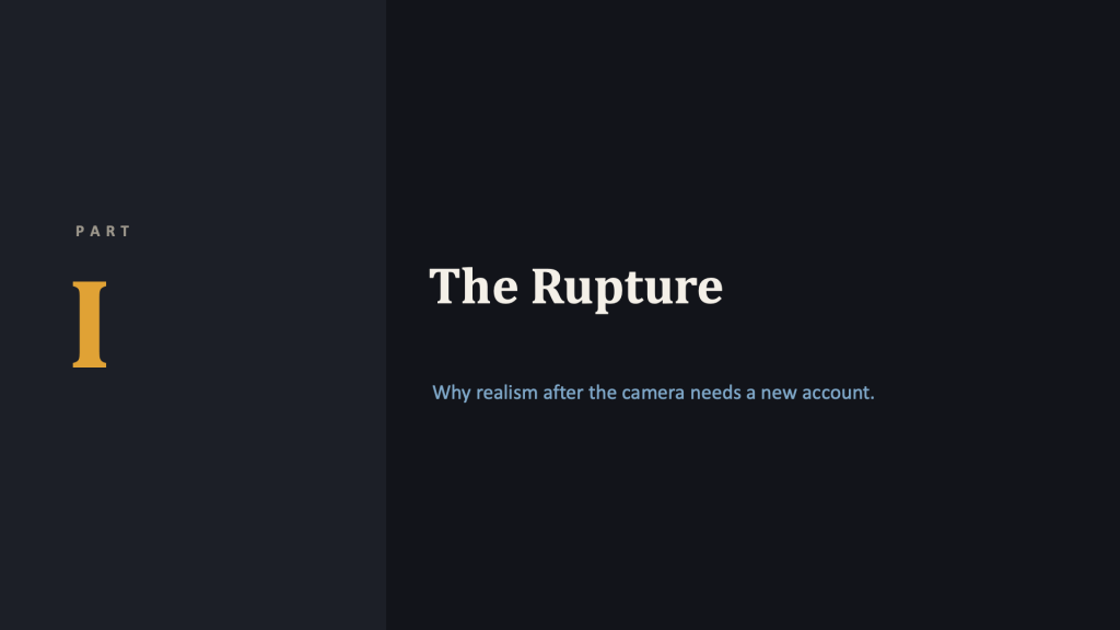 Section-divider slide. The left third is a slightly lighter navy panel containing a small gray label "PART" above a large amber Roman numeral "I." To the right, the cream serif part title "The Rupture," with a light-blue subtitle below: "Why realism after the camera needs a new account."