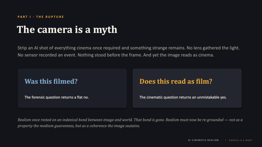 Content slide, dark background. Amber eyebrow: "PART I · THE RUPTURE." Title in cream serif: "The camera is a myth." Intro in muted gray: "Strip an AI shot of everything cinema once required and something strange remains. No lens gathered the light. No sensor recorded an event. Nothing stood before the frame. And yet the image reads as cinema." Below, two side-by-side panels. Left, blue heading "Was this filmed?" with the line "The forensic question returns a flat no." Right, amber heading "Does this read as film?" with "The cinematic question returns an unmistakable yes." Full-width italic caption beneath: "Realism once rested on an indexical bond between image and world. That bond is gone. Realism must now be re-grounded — not as a property the medium guarantees, but as a coherence the image sustains." Footer: "AI CINEMATIC REALISM · I · Camera is a myth."