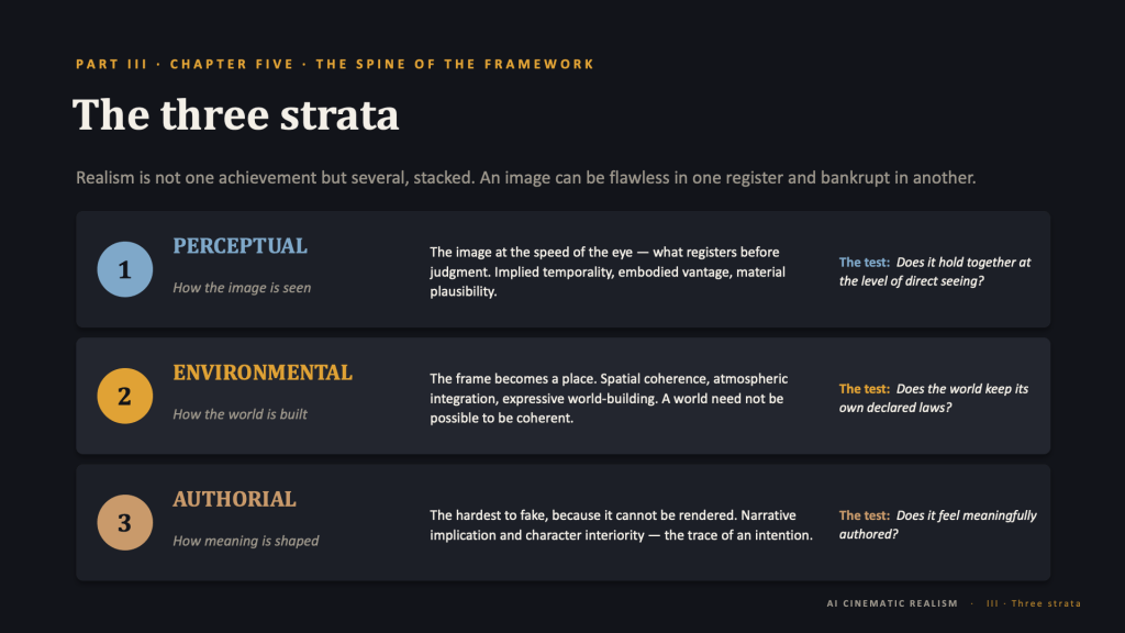 Content slide, dark background. Amber eyebrow: "PART III · CHAPTER FIVE · THE SPINE OF THE FRAMEWORK." Title: "The three strata." Intro in muted gray: "Realism is not one achievement but several, stacked. An image can be flawless in one register and bankrupt in another." Below, three stacked rows, each with a colored numbered circle, a colored heading, an italic gray sub-label, a white description, and an italic "The test" question — the colors code the three strata. Row 1 (blue): "PERCEPTUAL — How the image is seen — The image at the speed of the eye, what registers before judgment. Implied temporality, embodied vantage, material plausibility. The test: Does it hold together at the level of direct seeing?" Row 2 (amber): "ENVIRONMENTAL — How the world is built — The frame becomes a place. Spatial coherence, atmospheric integration, expressive world-building. A world need not be possible to be coherent. The test: Does the world keep its own declared laws?" Row 3 (tan): "AUTHORIAL — How meaning is shaped — The hardest to fake, because it cannot be rendered. Narrative implication and character interiority — the trace of an intention. The test: Does it feel meaningfully authored?" Footer: "AI CINEMATIC REALISM · III · Three strata."