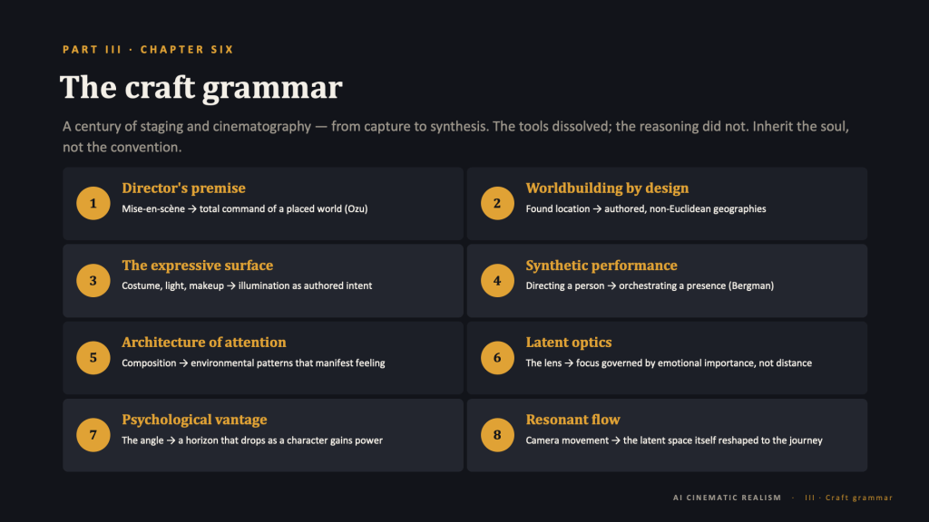 Content slide, dark background. Amber eyebrow: "PART III · CHAPTER SIX." Title: "The craft grammar." Intro in muted gray: "A century of staging and cinematography — from capture to synthesis. The tools dissolved; the reasoning did not. Inherit the soul, not the convention." Below, a two-column, four-row grid of eight numbered cards; each has a number in an amber circle, an amber serif heading, and a white description: 1 — Director's premise — "Mise-en-scène → total command of a placed world (Ozu)." 2 — Worldbuilding by design — "Found location → authored, non-Euclidean geographies." 3 — The expressive surface — "Costume, light, makeup → illumination as authored intent." 4 — Synthetic performance — "Directing a person → orchestrating a presence (Bergman)." 5 — Architecture of attention — "Composition → environmental patterns that manifest feeling." 6 — Latent optics — "The lens → focus governed by emotional importance, not distance." 7 — Psychological vantage — "The angle → a horizon that drops as a character gains power." 8 — Resonant flow — "Camera movement → the latent space itself reshaped to the journey." Footer: "AI CINEMATIC REALISM · III · Craft grammar."