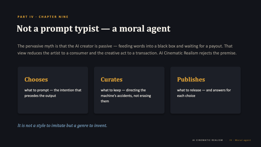 Content slide, dark background. Amber eyebrow: "PART IV · CHAPTER NINE." Title: "Not a prompt typist — a moral agent." Intro in muted gray: "The pervasive myth is that the AI creator is passive — feeding words into a black box and waiting for a payout. That view reduces the artist to a consumer and the creative act to a transaction. AI Cinematic Realism rejects the premise." Below, three cards, each with an amber serif heading and a white description: "Chooses — what to prompt — the intention that precedes the output." "Curates — what to keep — directing the machine's accidents, not erasing them." "Publishes — what to release — and answers for each choice." Blue italic caption beneath: "It is not a style to imitate but a genre to invent." Footer: "AI CINEMATIC REALISM · IV · Moral agent."
