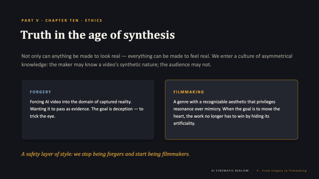 Content slide, dark background. Amber eyebrow: "PART V · CHAPTER TEN · ETHICS." Title: "Truth in the age of synthesis." Intro in muted gray: "Not only can anything be made to look real — everything can be made to feel real. We enter a culture of asymmetrical knowledge: the maker may know a video's synthetic nature; the audience may not." Below, two side-by-side panels. Left, blue heading "FORGERY" with white text: "Forcing AI video into the domain of captured reality. Wanting it to pass as evidence. The goal is deception — to trick the eye." Right, amber-outlined, amber heading "FILMMAKING" with white text: "A genre with a recognizable aesthetic that privileges resonance over mimicry. When the goal is to move the heart, the work no longer has to win by hiding its artificiality." Amber italic caption beneath: "A safety layer of style: we stop being forgers and start being filmmakers." Footer: "AI CINEMATIC REALISM · V · From forgery to filmmaking."
