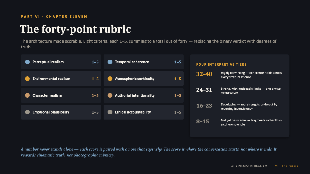 Content slide, dark background. Amber eyebrow: "PART VI · CHAPTER ELEVEN." Title: "The forty-point rubric." Intro in muted gray: "The architecture made scorable. Eight criteria, each 1–5, summing to a total out of forty — replacing the binary verdict with degrees of truth." On the left, the eight criteria sit in a two-column, four-row set of rows, each with a small colored dot keyed to its stratum, the criterion name in white, and "1–5" at the right: Perceptual realism (blue) and Temporal coherence (blue); Environmental realism (amber) and Atmospheric continuity (amber); Character realism (tan) and Authorial intentionality (tan); Emotional plausibility (gray) and Ethical accountability (gray). On the right, a panel headed in amber "FOUR INTERPRETIVE TIERS" lists score bands with descriptions: "32–40 — Highly convincing — coherence holds across every stratum at once" (amber); "24–31 — Strong, with noticeable limits — one or two strata waver"; "16–23 — Developing — real strengths undercut by recurring inconsistency"; "8–15 — Not yet persuasive — fragments rather than a coherent whole." Blue italic caption beneath: "A number never stands alone — each score is paired with a note that says why. The score is where the conversation starts, not where it ends. It rewards cinematic truth, not photographic mimicry." Footer: "AI CINEMATIC REALISM · VI · The rubric."
